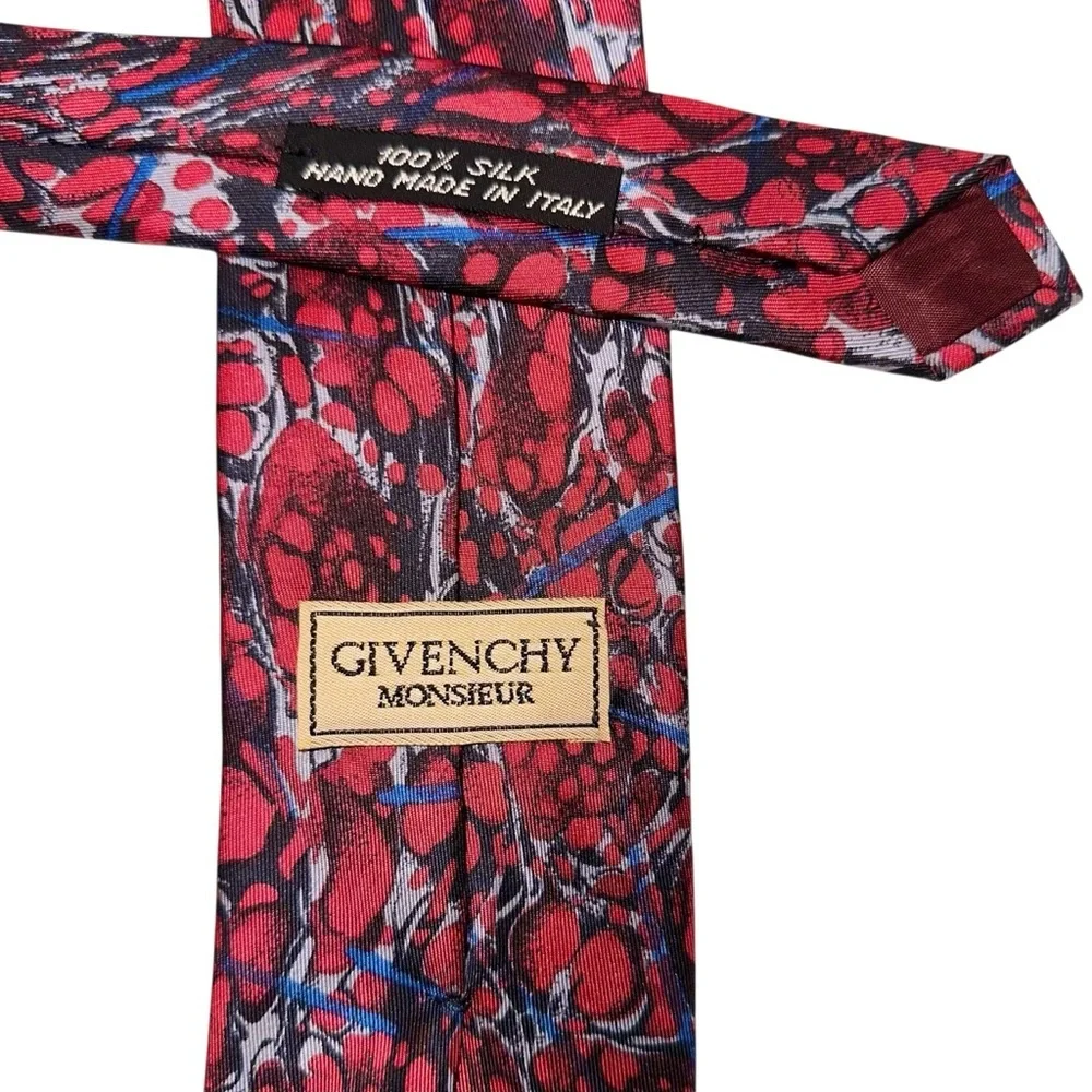 Vintage Givenchy Monsieur Mens Tie Silk Hand Made in Italy Red Abstract 57x3.25”